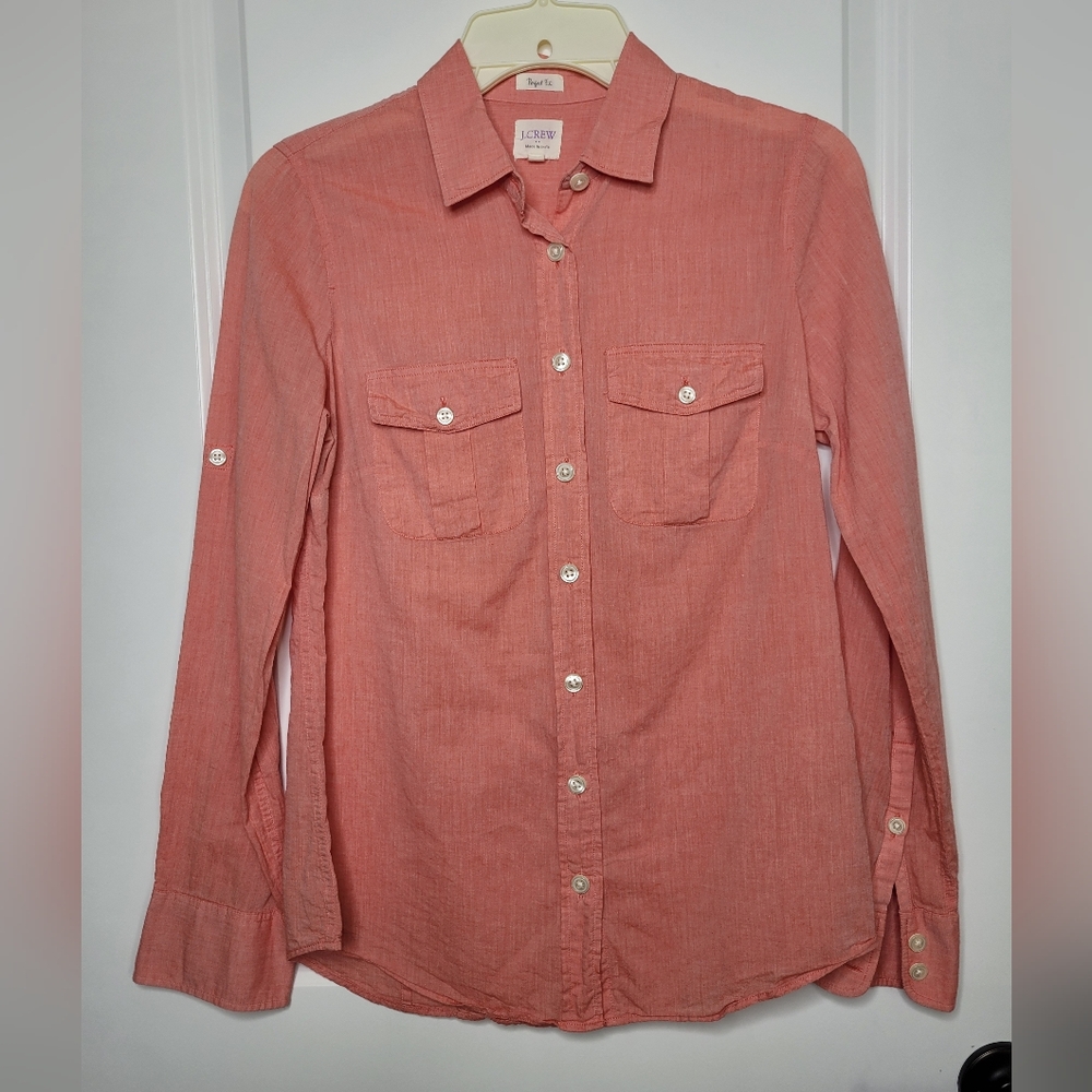 J. Crew Womens Long Sleeve Roll Tab Lightweight Coral Pink Button Down XS